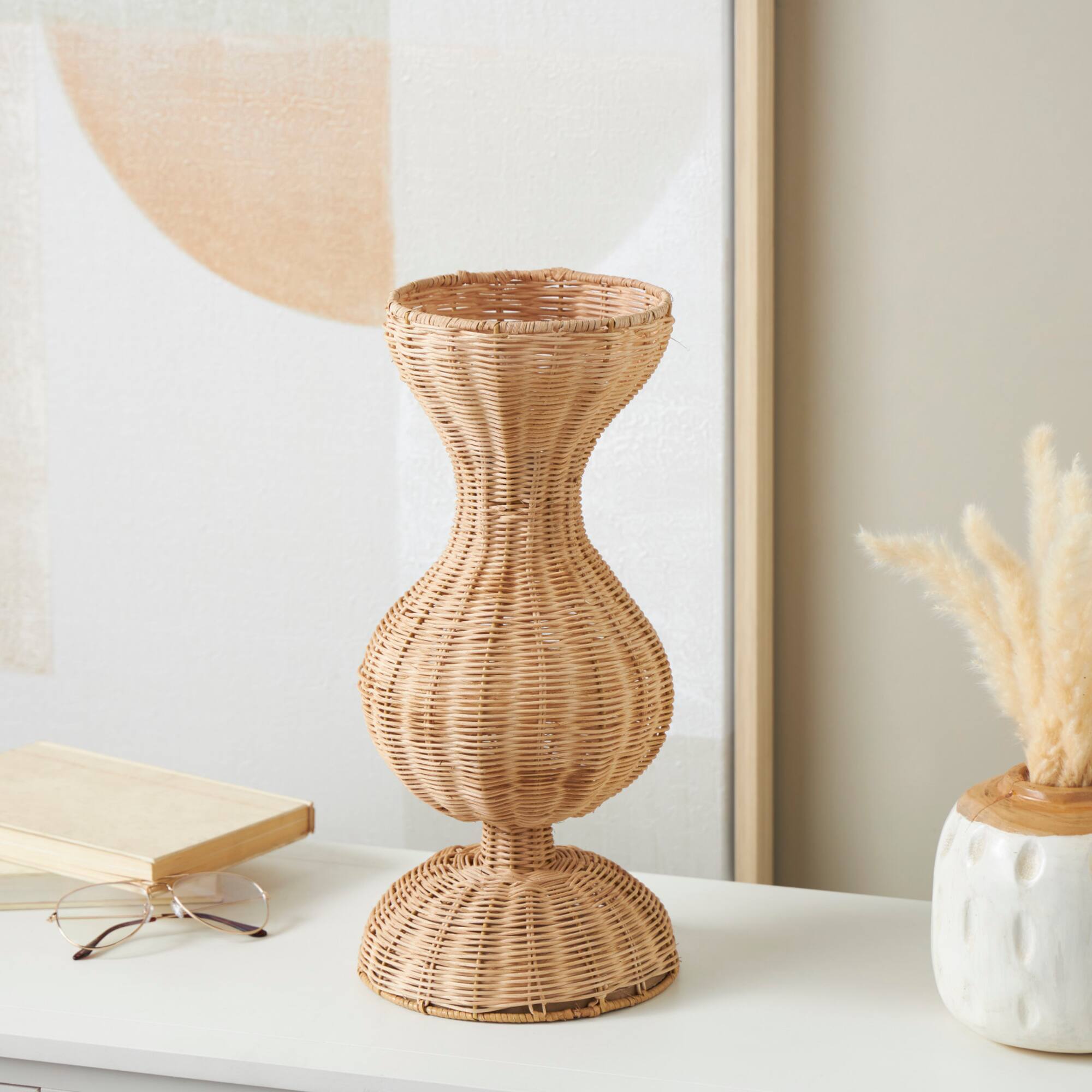 16.25" Brown Rattan Hourglass Vase with Dome Base
